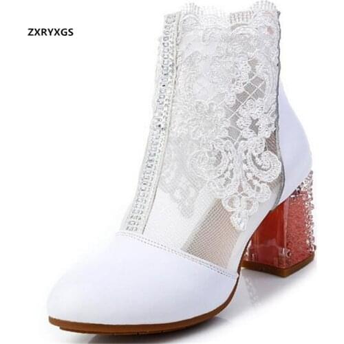 2021 New Top Cowhide Mesh Lace Embroidery Flower Rhinestone Cool Boots Fashion Sandals High Heel Women Sandals Shoes Size 33-42