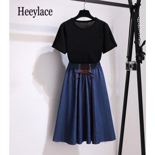 Women Korean elegant two piece set Summer short sleeve knitting top and lace up bandage denim skirts set office ladies suits