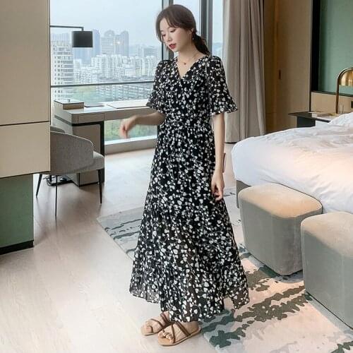 2021 Vintage Black Print Chiffon Midi Dresses Spring Summer New Plus Size Runway Maxi Dress Elegant Women Bodycon Party Vestidos