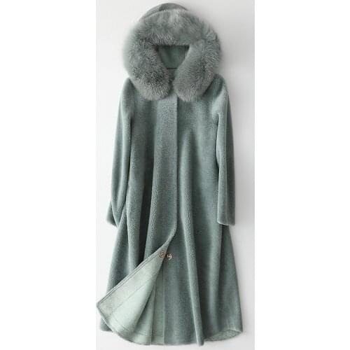 Winter Solid Fashion Warm Thick Wool Hooded Coat Fox Hair Collar High Quality Simple with Pockets Long Genuine Leather Outwear