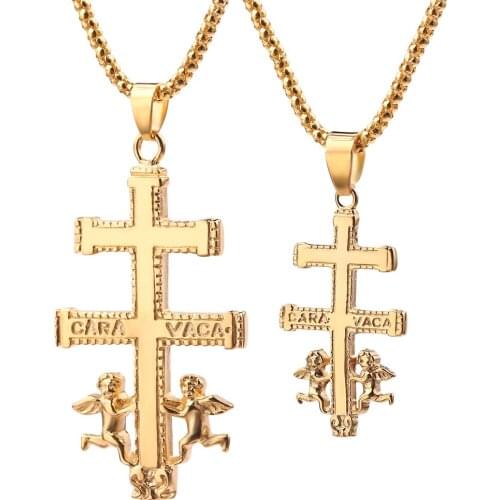 Gold Catholic Crucifix Orthodox Russia Cross Necklace Pendant With Cherub Angel Best Christian Necklaces For Unisex Jewelry Gift