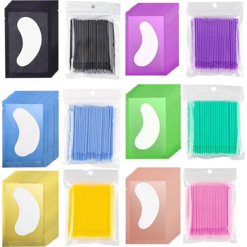 Zwellbe 100pcs/bag Disposable Makeup Brushes Swab and 10 Pairs/Lot Eyelash Pad Patches for Eyelash Extension Set Makeup Tool