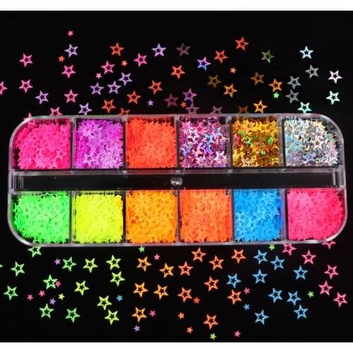 12 Grid Fluorescent Hollow Star Boxed 12 Colors Nail Jewelry DIY Mixed Sequins Nail Art Decorations