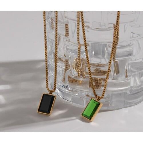 2021 Trendy Box Chain Square Green Black Pendent Stainless Steel Gold Plated Waterproof Tarnish Free Elegant Necklace For Women