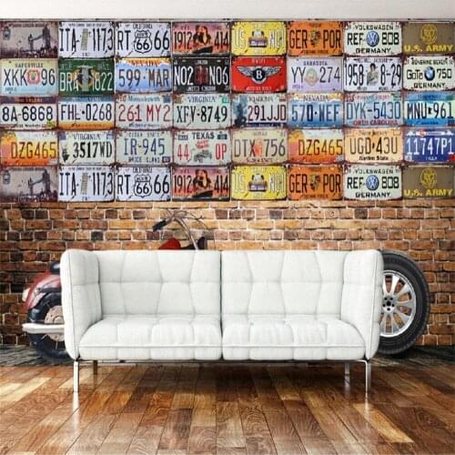 Milofi custom 3D wallpaper mural retro nostalgic license plate motorcycle bar background wall living room bedroom decoration pai