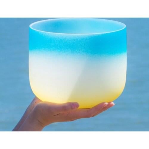 8Inch G Note Throat Chakra Blue and Yellow colored Quartz Crystal Singing Bowl Candy Color