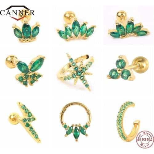 CANNER Small Ear Stud 925 Sterling Silver Stud Earrings for Women Green Zircon Piercing Cartilage Earring Gifts Fine Jewelry