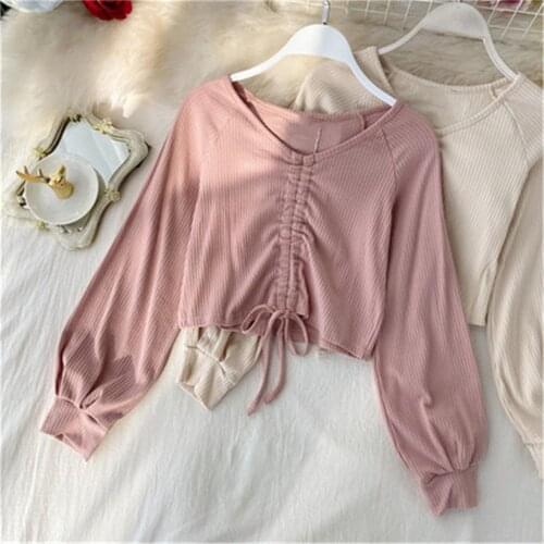 Korean Blouse 2020 V Neck Lantern Long Sleeve Drawstring Bottom Shirt Multicolor Hollow Out Sexy Tees Slim Pleat Top ZY4662