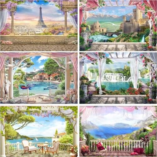 Laeacco Natural Background Window Balcony Flowers Garden Tree Grass Cloudy Lake Scenic Photographic Backdrops For Photo Studio