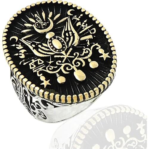 925 Silver Ethnic Ottoman Flag Printed Ring for Men