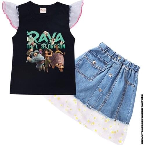 Raya and The Last Dragon Baby Girls Clothes Set Sleeve T-shirt+Denim skirt Toddler Kids Cartoon Outfits Suit Children Tracksuit