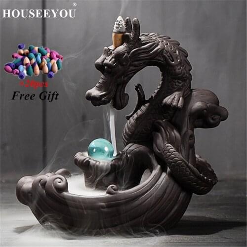 HOUSEEYOU Ceramic Backflow Incense Burner Creative Home Decor Dragon Incense Holder Censer with Crystal Ball+20Pcs Incense Cones