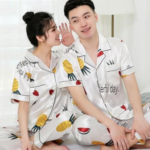 Summer Couple Men Women Pineapple Printed Stain Lapel Short Sleeve Pants Sleepwear Lovers Female Pajamas Pyjamas Homewear