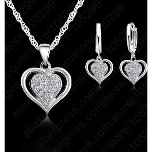 Trendy 925 Sterling Silver Cubic Zirconia Heart Bridal Wedding Jewelry Sets For Women Pendant Necklace And Earring Set