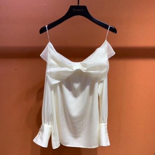New women fashion 2021 long-sleeved sexy casual bow-knot one-shoulder silk shirt 0322