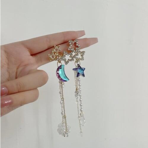 New Trend Korean Drop Woman Earrings Crystal Star Moon Needle Tassel Elegant Party Jewelry Gifts