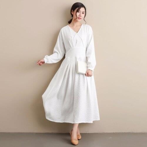 Autumn Waist belt dress The Republic of China style Clothing female students RETRO art Solid Color Unique Polyester Linen dress