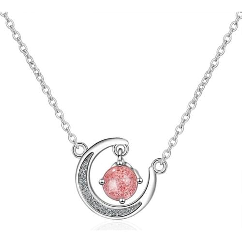 Sweet Moon Pendant Necklace Charming Female Pink Grey Natural Stone Clavicle Chain Fashion Jewelry Girl Gift