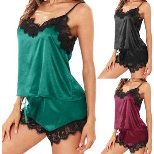 2Pcs/Set Lady Sexy Lace Imitation Silk V Neck Pajamas Shorts Sleepwear Nightwear hot sales 2020