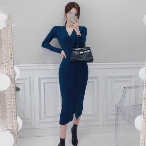 Autumn New Elegant Dress Women Knitted Sexy V-neck Split Slim Fit Solid Long Sleeve Sweater Dresses Buttons Single Breasted Robe