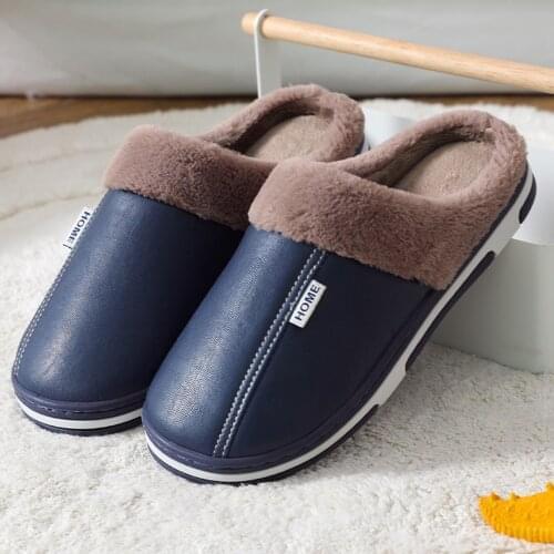 Pu Waterproof Slippers Men Winter Plush Keep Warm Flat Home Shoes Men Soft Comfort Male Slippers Shoes Sewing Interior Slipper