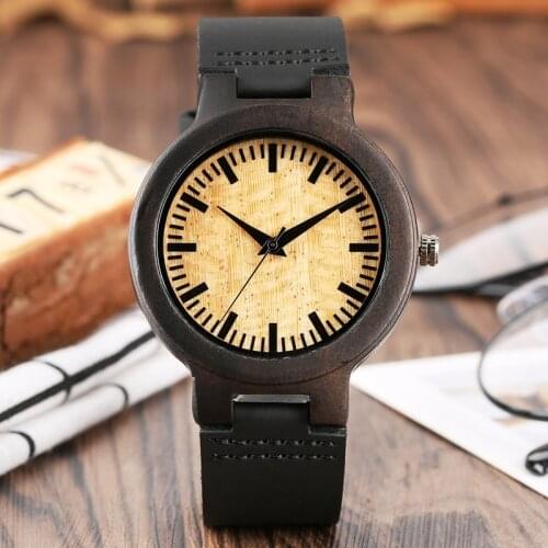 Top Luxury Royal Beige Dial Ebony Wood Watch Men Clock Male Quartz Watch Natural Woody Black Genuine Leather reloj para hombre