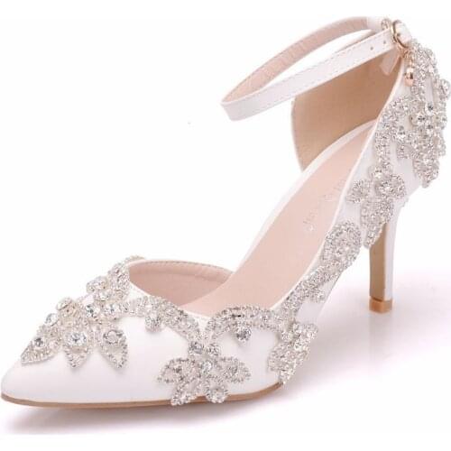 Women sandals wedding Party banquet PU Rhinestones Buckle Strap 7.8CM Thin High Heels Pointed Toe sandal women shoes size 35-42