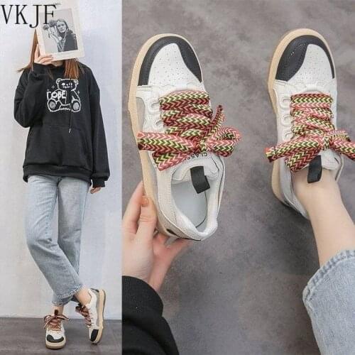 Women 2021 Spring New Mixed Color Lace-up Sneakers Shoes Woman Round Toe Thick Sole Ventilate Casual Flat Shoes Mujer