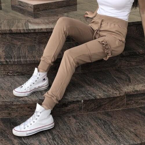 Women Casual Track Pants Trousers High Waist Loose Solid Side Ruffles Street Long Pants Drawstring Running Jogging Pants Female