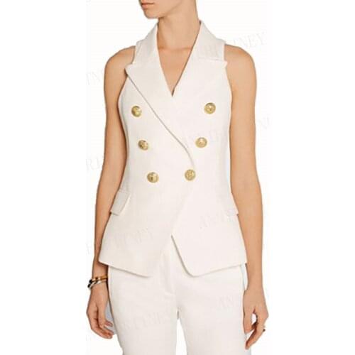 Fashion Women Blazer Vest 2020 Career Style Womens Gold Buttons Double Breasted Vest Outerwear White/Black Sleaveless Coat