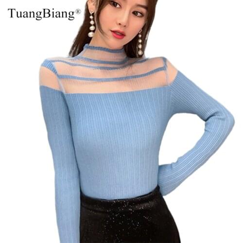 Lady Lace Hollow out Sexy Sweaters Off shoulder Women Long Sleeve Turtleneck Backless Pullovers Patchwork elegant Slim Tops 2020