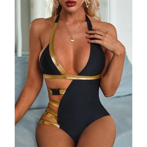 Summer Women One Piece Swimwear, Deep V-Neck Hollow Out Patchwork Sleeveless Beachwear