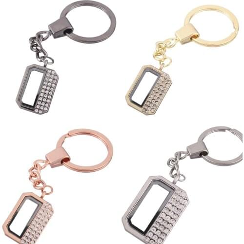 1pcs Rectangle Half with Rhinestone Floating charms Alloy Locket Keychain DIY Magnetic twist living memory Glass locket Key ring