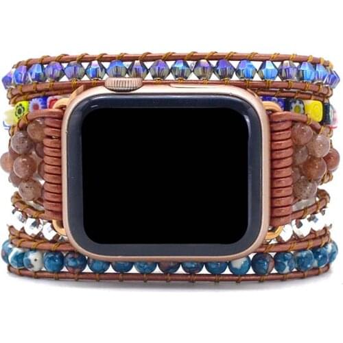Coloured Glaze Apple Watch Band BOHO Stone Leather Bracelet Flower Stone 5 Wrap Bracelet Band Wholesale&Dropshipping