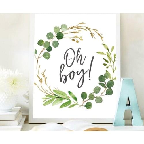 Oh Boy Baby Shower Sign Decor Funny Canvas Painting , Watercolor Greenery Eucalyptus Baby Shower Poster Prints Wall Pictures