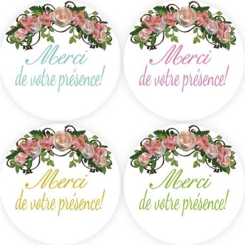 DouxArt 100 Pieces Stickers Merci de votre presence, 4cm Flowers Wedding Decorations Communion Baptism Package Seals Labels