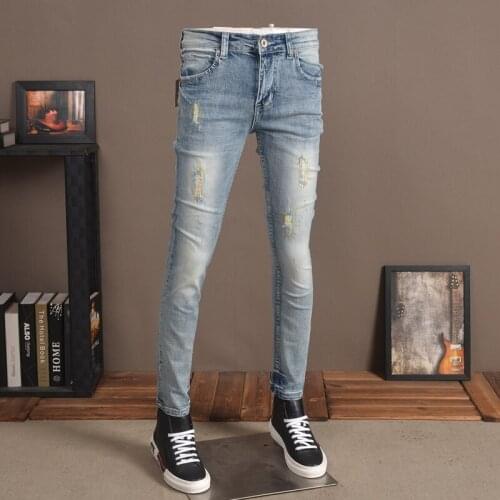 Men Blue Jeans 2020 Fashion Embroidery Cotton Slim Fit Pants Streetwear Ripped Stretch Denim Trousers