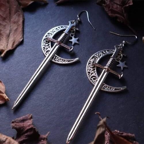 Goth Moon Sword Earrings Long Witchy Medieval Viking Alternative Gothic Boho Statement Jewelry Punk Fashion Women Gift Trend
