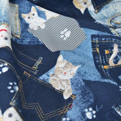 Cute Kitty Printed Denim High-grade Cotton Fabrics For Crafts Cushion Cover Diy Bag Apparel Sewing Accessories Doll Material