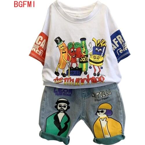 Boys Cotton Summer Suit 2021 New Baby Fashion Print Clothes Children Korean Handsome Short-sleeved Shirt + Denim Shorts 2pcs Set