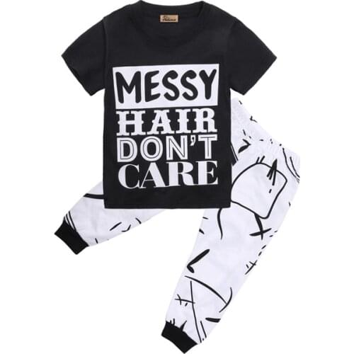 2PCS Fashion Casual Newborn Baby Boys Girls Cotton Short Sleeve O-Neck Pullover Letter Black Shirt Tops Geometric Pants 2-8Y