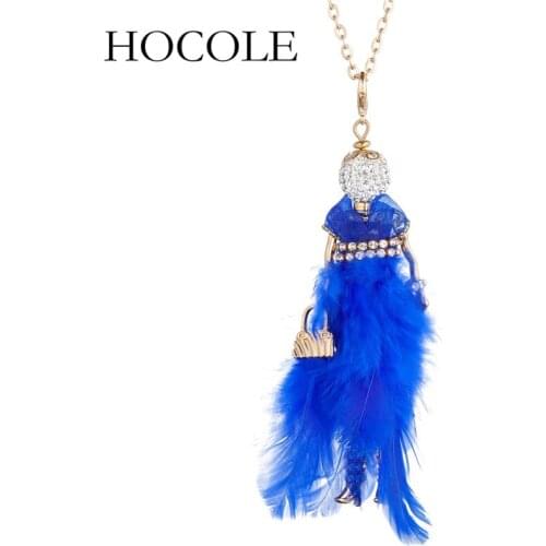 HOCOLE 2018 Handmade Dance Doll Pendants Necklace Gold Color Statement feather necklace Fashion women girl kids necklace gift