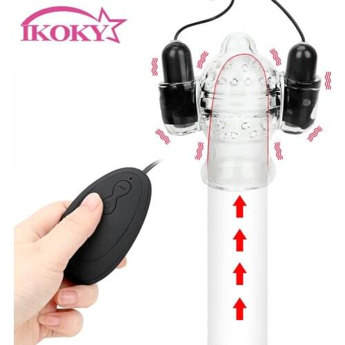 IKOKY Penis Head Vibrator Glans Trainer Massage Masturbator Delay Ejaculation Sex Toys For Men Cock Ring Dual Bullet Vibrators