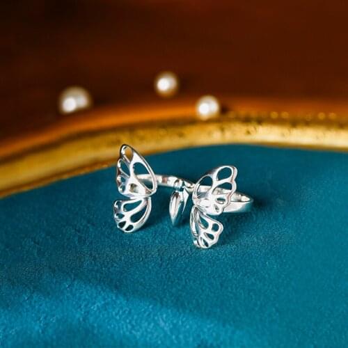 SA SILVERAGE Luxury Open Finger Female Sterling Silver Wedding Rings for Woman Butterfly Double Finger Ring 925 Sterling Silver