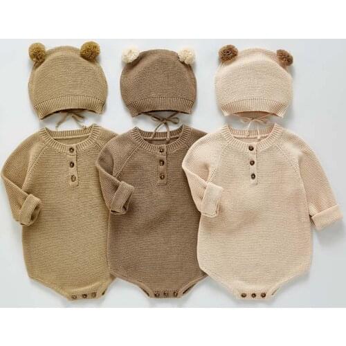 Newborn Baby Autumn Knit Jumpsuit For Boy And Girl Baby Cute Hat Sweater Romper Long Sleeve Newborn Baby Clothes Outfits