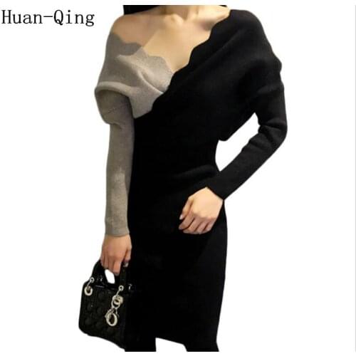 Korean Knitted Sweaters Dress Autumn Women Vintage Patchwork Knitting Pencil Dress Lady Sexy V-Neck Party Bodycon Dress Vestidos