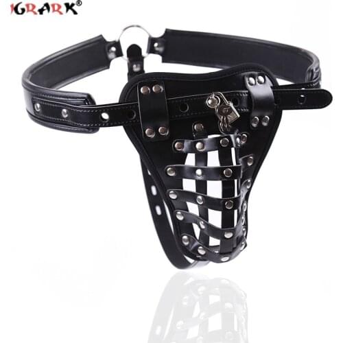 Leather Fetish Male Chastity Belt Penis Harness Panties Restraint Bondage Lock Cock Cage Adult SM Slave Sex Game Toy for Men Gay
