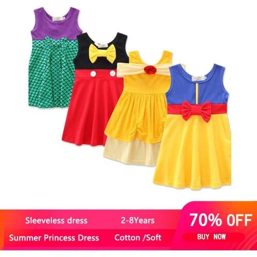 New Baby Girls Summer Casual Clothing Minnie Mulan Wonder Woman Snow White Rapunzel Tinker Bell Princess Dresses 2-7y