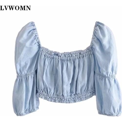 LVWOMN Sexy Summer Blouse Women Za 2021 Elegant Linen Shirt Square Collar Backless Women Clothing Ruched Crop Top Short Blouses