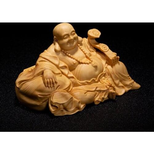11/14CM Mini Ruyi Maitreya Buddha Statue Wood Gifts Buddha Figures Laughing Buddha Handmade Carved Home Decoration Collection